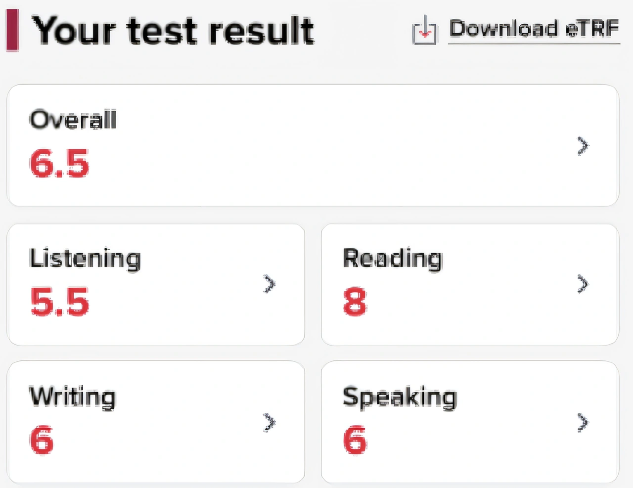 IELTS Overall 6.5 · Listening 5.5 · Reading 8 · Writing 6 · Speaking 6